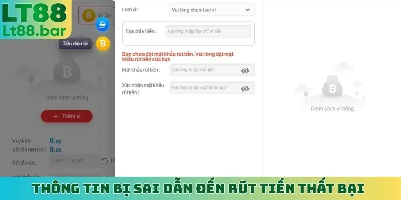 Thông tin bị sai dẫn đến rút tiền thất bại